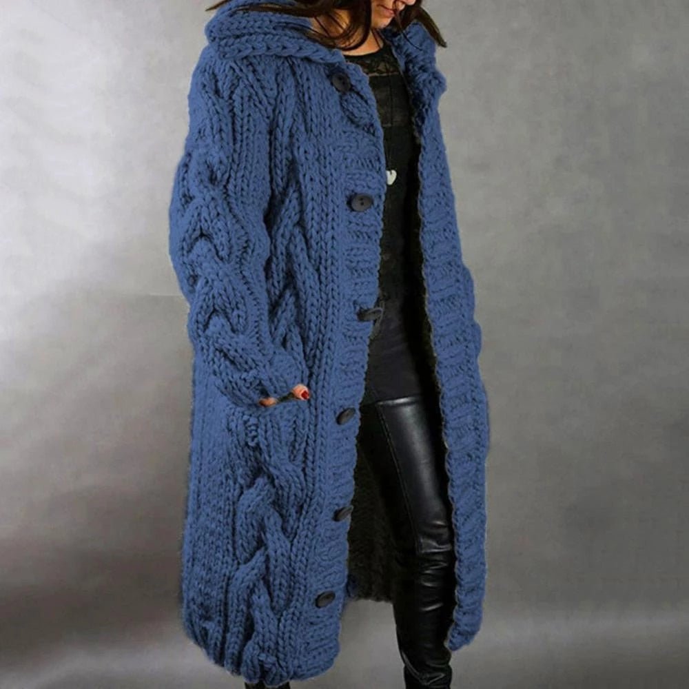 Women's long cable knit hooded cardigan with button front and pockets