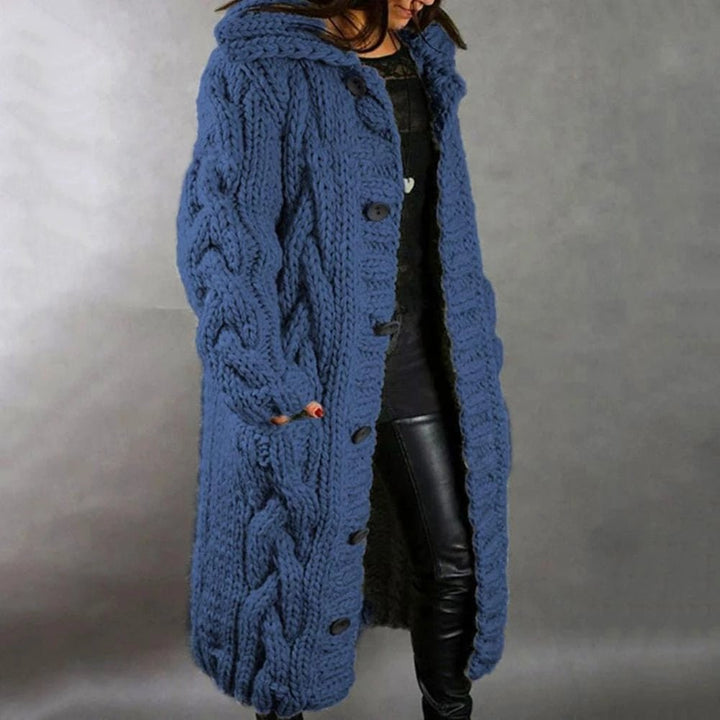 Women's long cable knit hooded cardigan with button front and pockets