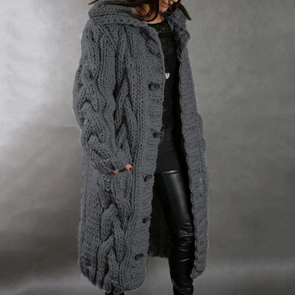 Women's long cable knit hooded cardigan with button front and pockets