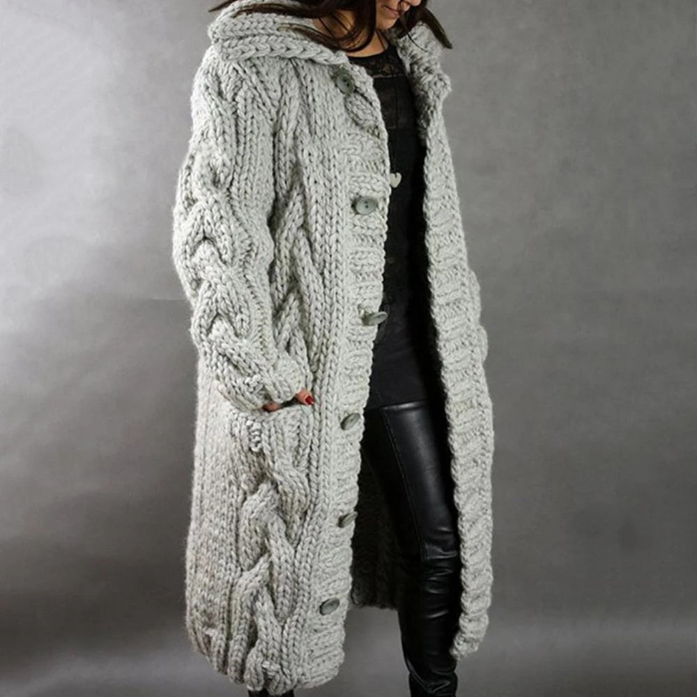 Women's long cable knit hooded cardigan with button front and pockets