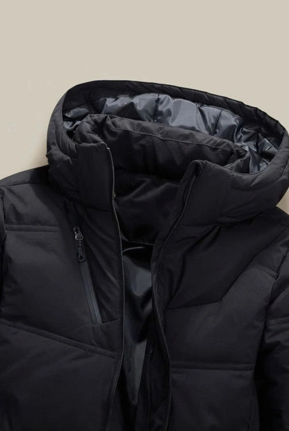Men's hooded padded jacket with quilted panels and zip pockets