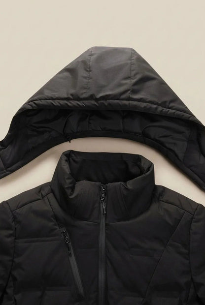 Men's hooded padded jacket with quilted panels and zip pockets
