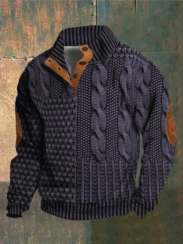 Women's textured cable knit sweater with mock neck and buttoned opening