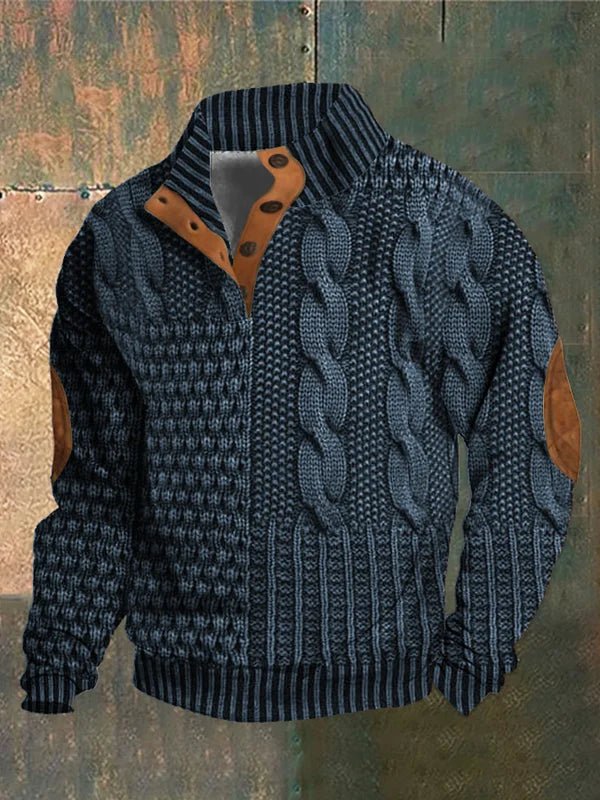 Women's textured cable knit sweater with mock neck and buttoned opening