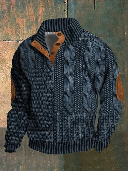 Women's textured cable knit sweater with mock neck and buttoned opening