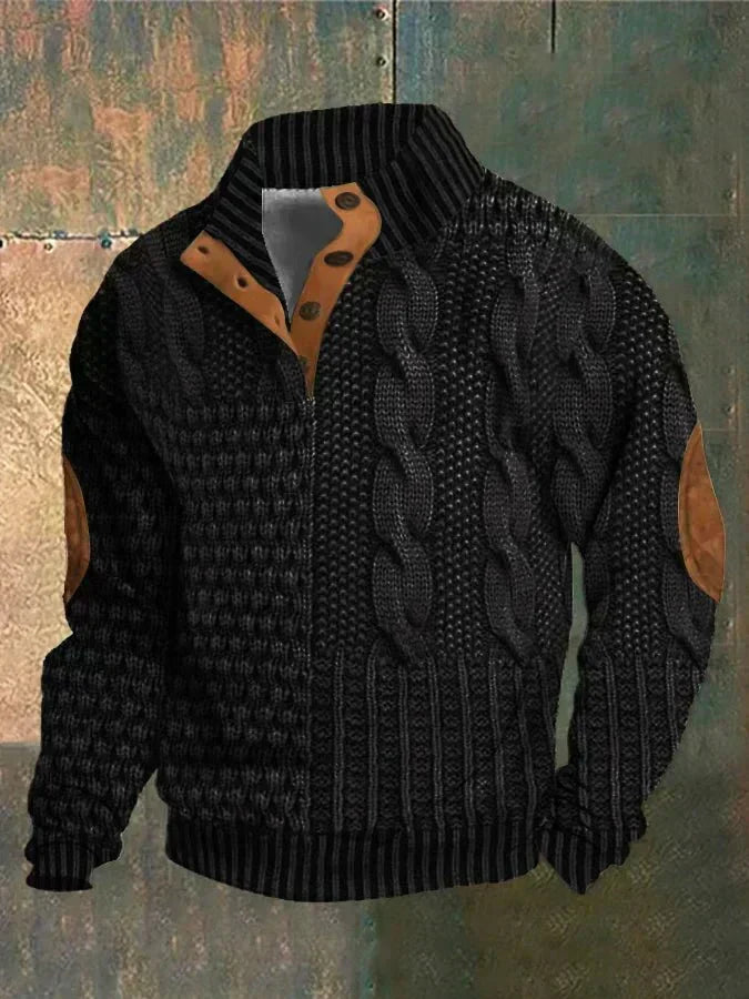 Women's textured cable knit sweater with mock neck and buttoned opening