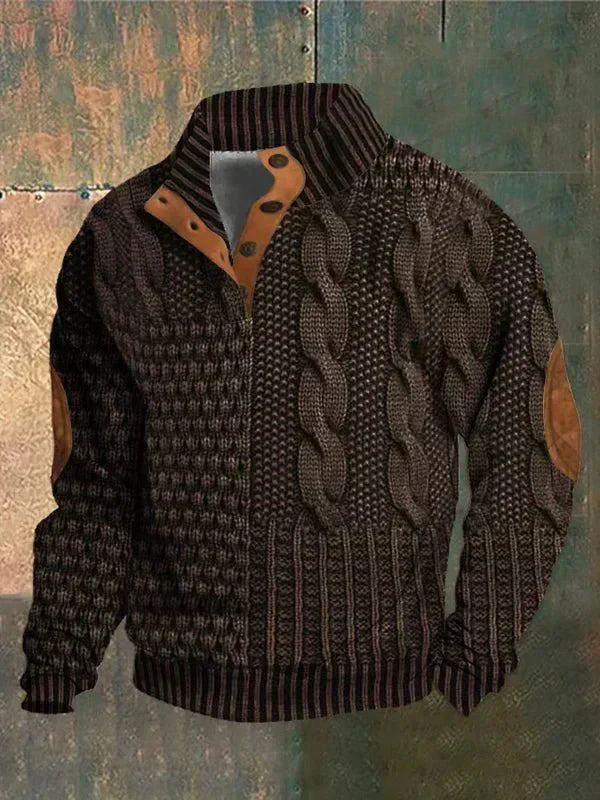 Women's textured cable knit sweater with mock neck and buttoned opening