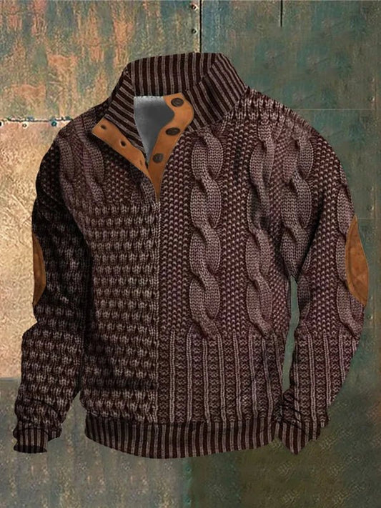 Women's textured cable knit sweater with mock neck and buttoned opening