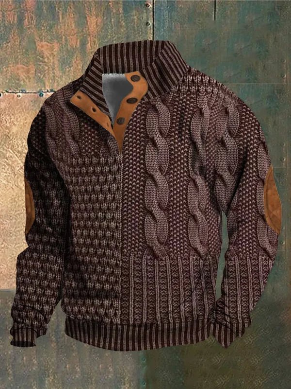 Women's textured cable knit sweater with mock neck and buttoned opening