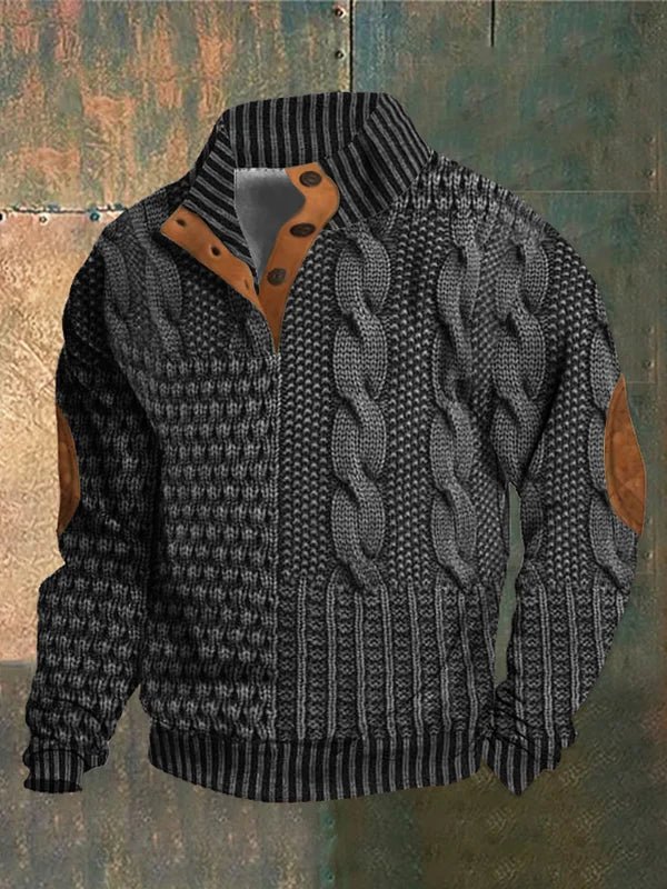 Women's textured cable knit sweater with mock neck and buttoned opening