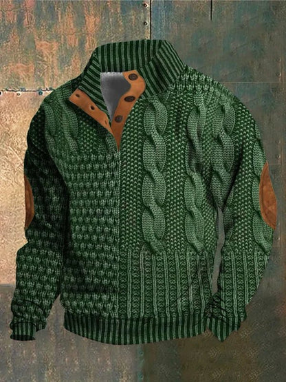 Women's textured cable knit sweater with mock neck and buttoned opening