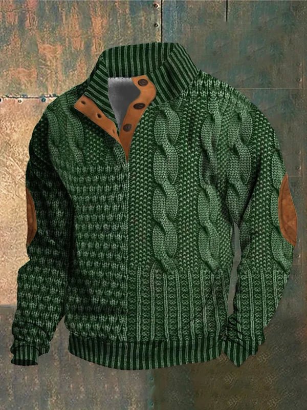 Women's textured cable knit sweater with mock neck and buttoned opening