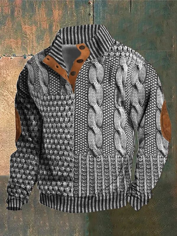 Women's textured cable knit sweater with mock neck and buttoned opening
