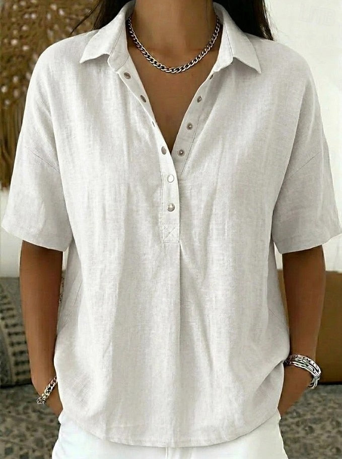 Women's button-up collar shirt in khaki with short sleeves
