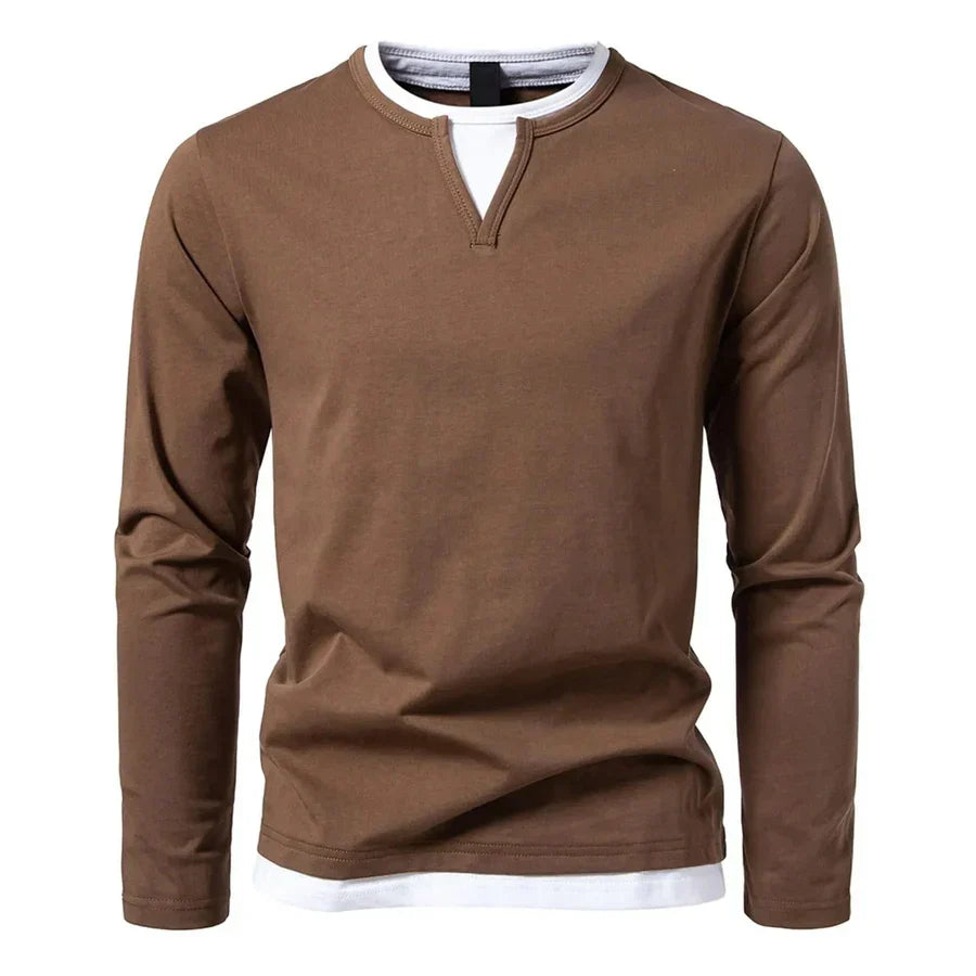 Long-sleeve men's Henley sweater with split neckline and layered hem detail