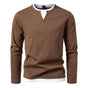 Long-sleeve men's Henley sweater with split neckline and layered hem detail
