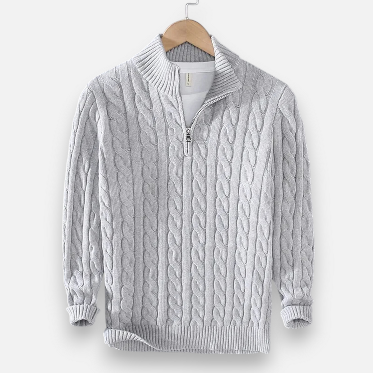 Men's cable-knit quarter-zip sweater with mock neck and long sleeves