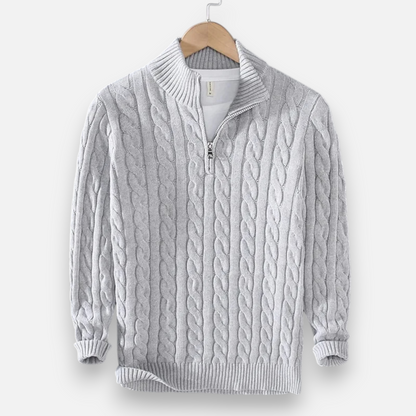 Men's cable-knit quarter-zip sweater with mock neck and long sleeves