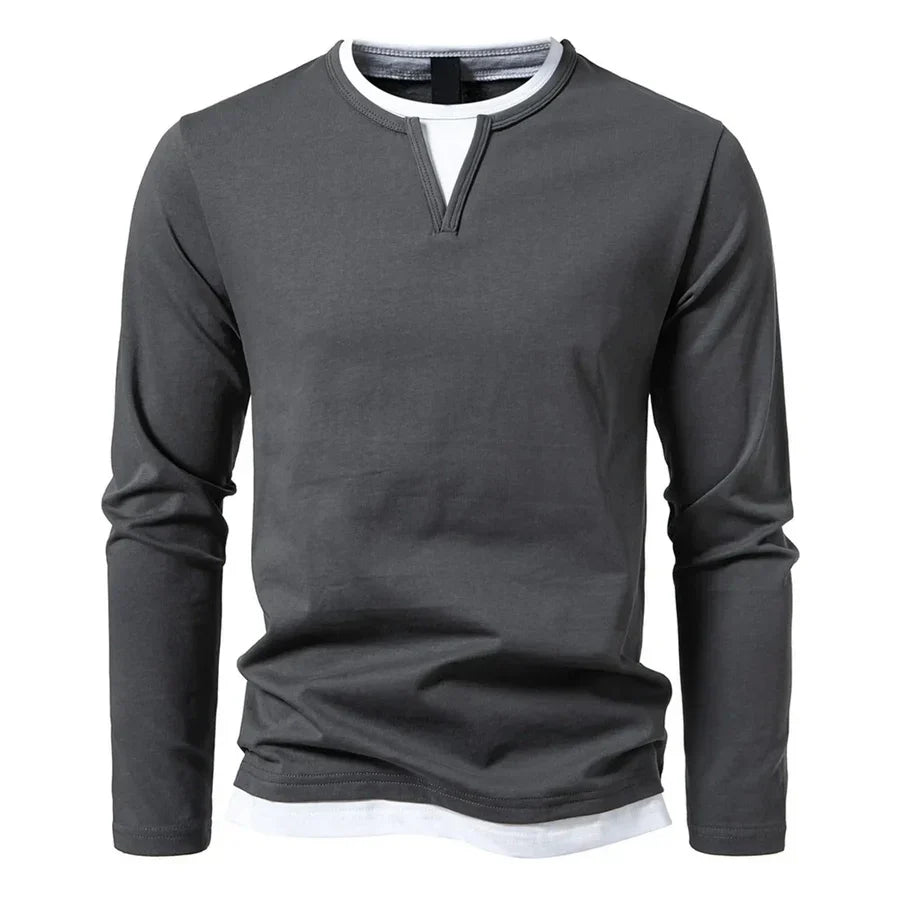 Long-sleeve men's Henley sweater with split neckline and layered hem detail