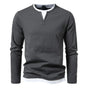 Long-sleeve men's Henley sweater with split neckline and layered hem detail