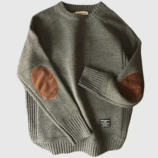 Men's crewneck sweater with contrasting elbow patches and ribbed trims