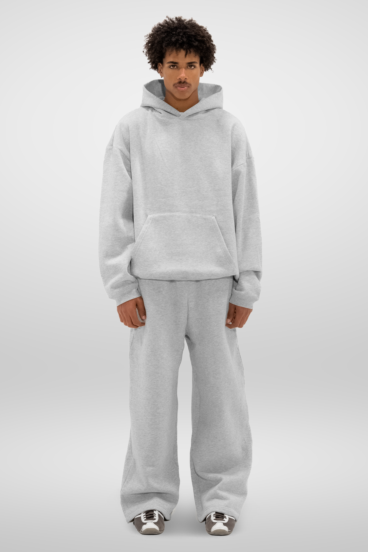 Men's heather grey wide-leg fleece sweatpants with full-length legs