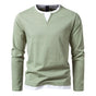 Long-sleeve men's Henley sweater with split neckline and layered hem detail