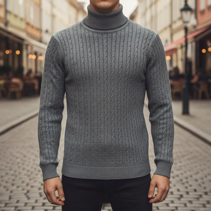 Men's textured cable knit turtleneck sweater