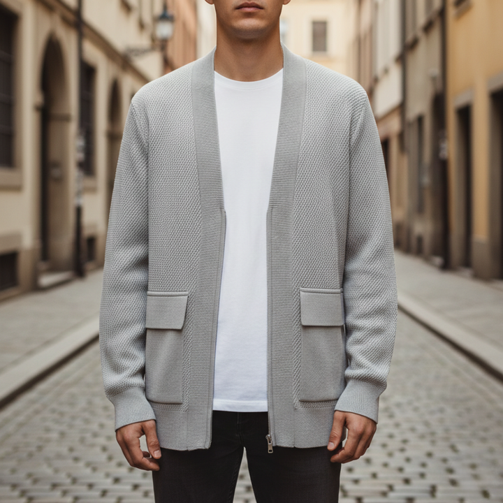 Men's textured knit cardigan with open front, long sleeves and flap pockets