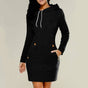 Women's long-sleeve hooded knee-length dress with drawstrings and front pockets