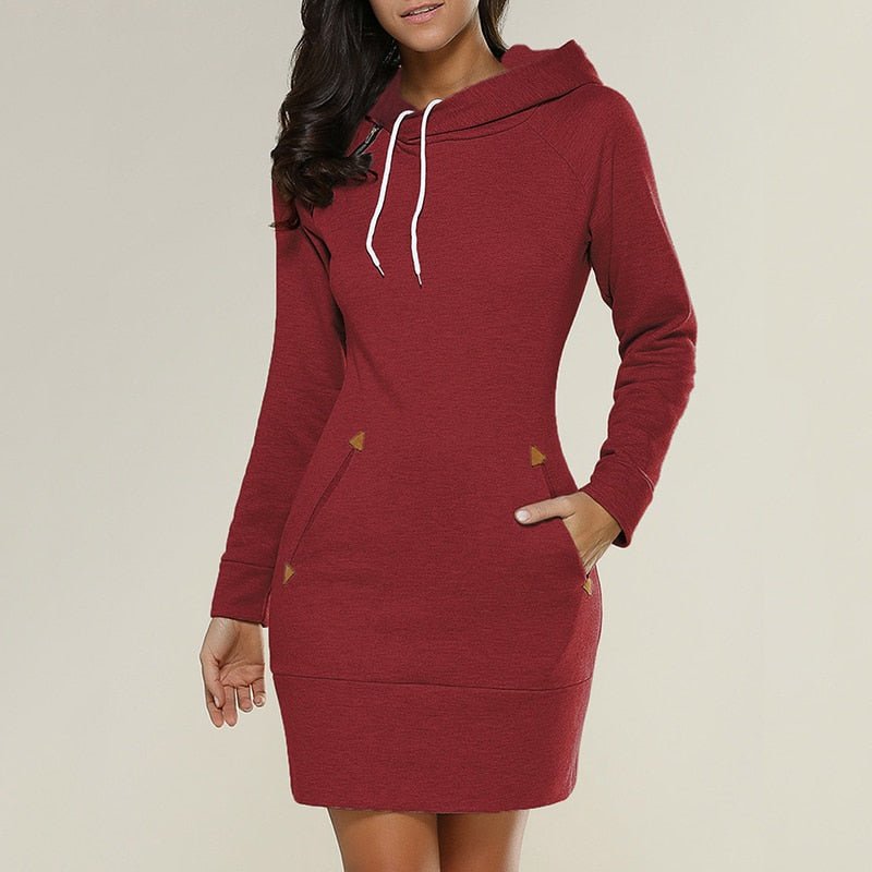 Women's long-sleeve hooded knee-length dress with drawstrings and front pockets