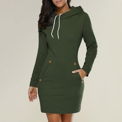 Women's long-sleeve hooded knee-length dress with drawstrings and front pockets