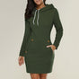 Women's long-sleeve hooded knee-length dress with drawstrings and front pockets
