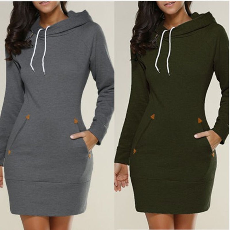 Women's long-sleeve hooded knee-length dress with drawstrings and front pockets