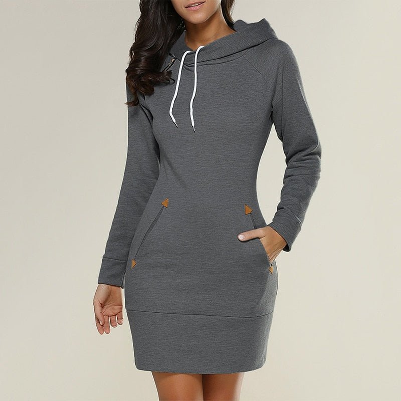 Women's long-sleeve hooded knee-length dress with drawstrings and front pockets