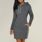 Women's long-sleeve hooded knee-length dress with drawstrings and front pockets