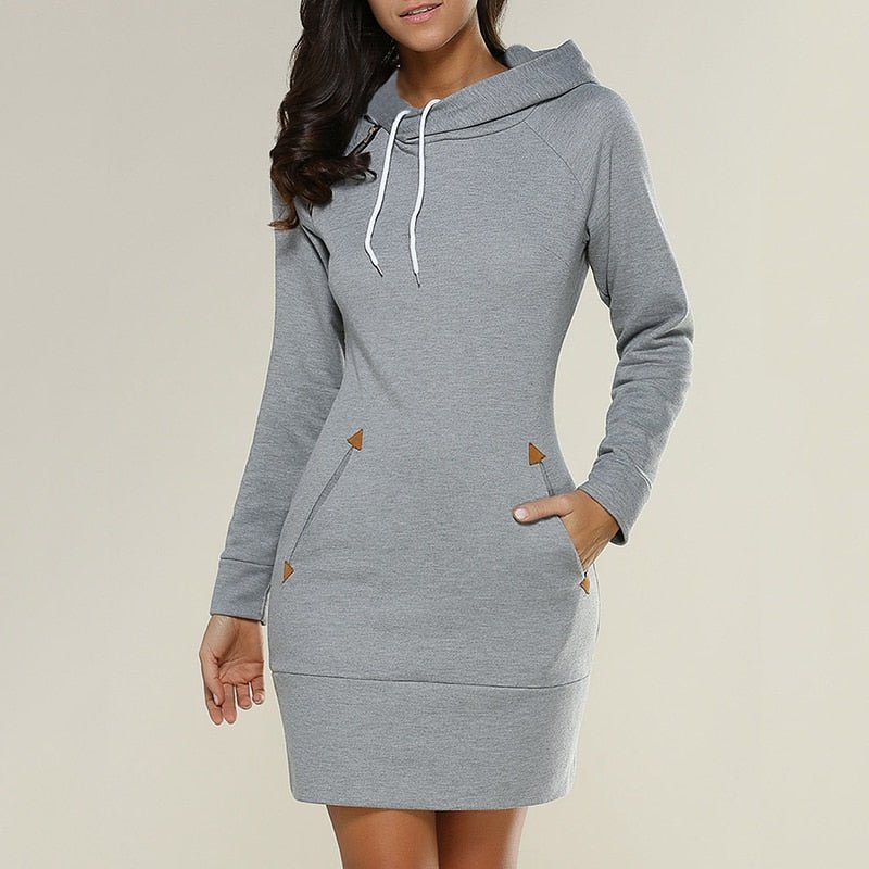 Women's long-sleeve hooded knee-length dress with drawstrings and front pockets