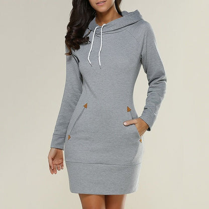 Women's long-sleeve hooded knee-length dress with drawstrings and front pockets