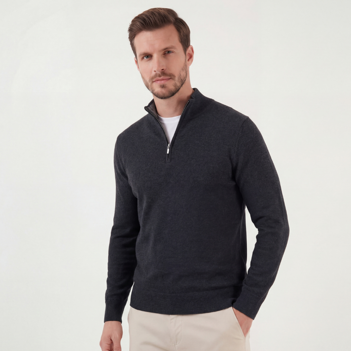Men's grey half-zip sweater with mock neck and long sleeves