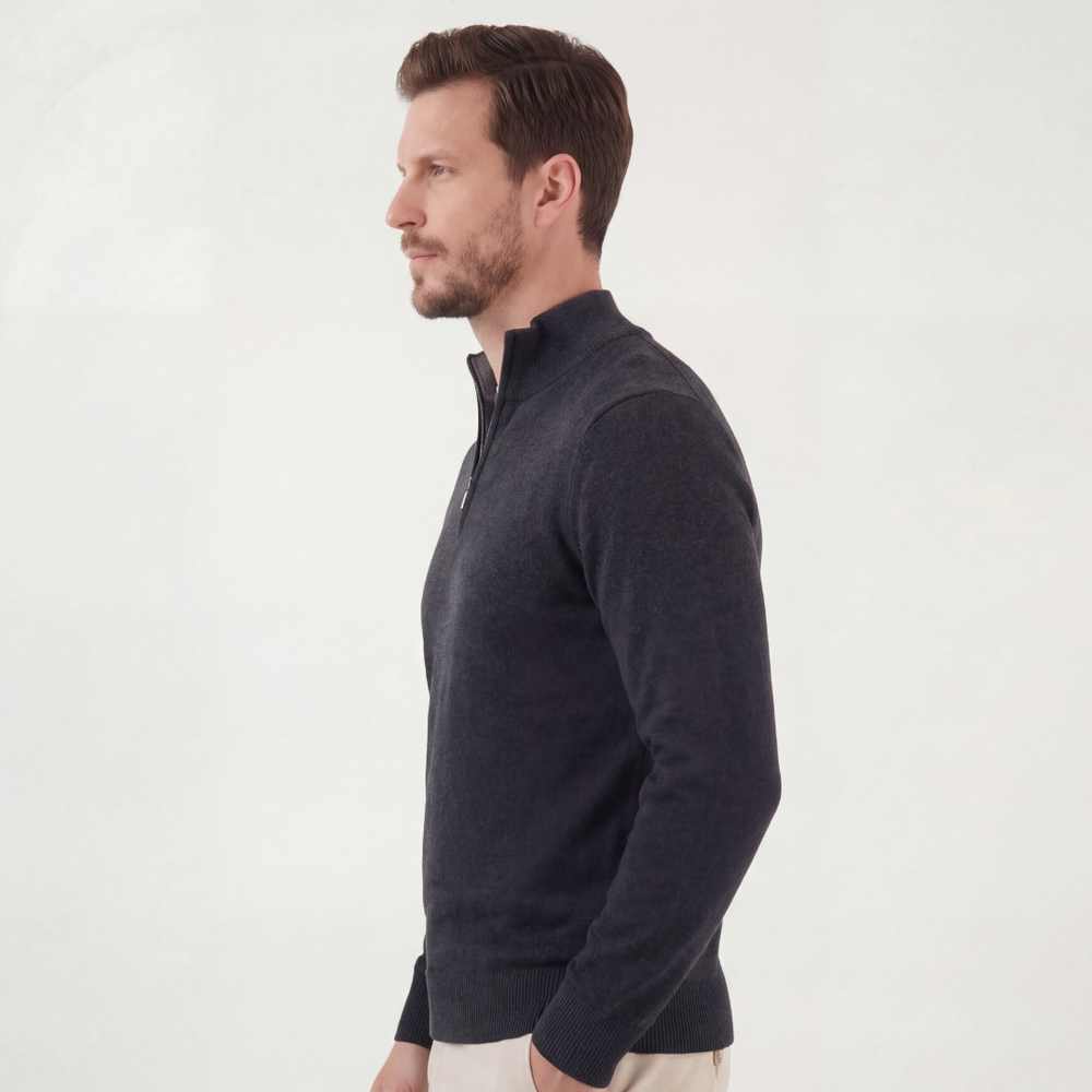Men's grey half-zip sweater with mock neck and long sleeves