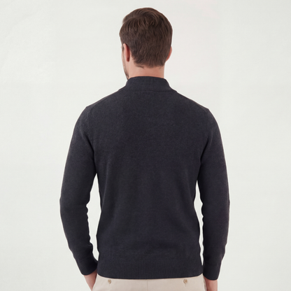 Men's grey half-zip sweater with mock neck and long sleeves