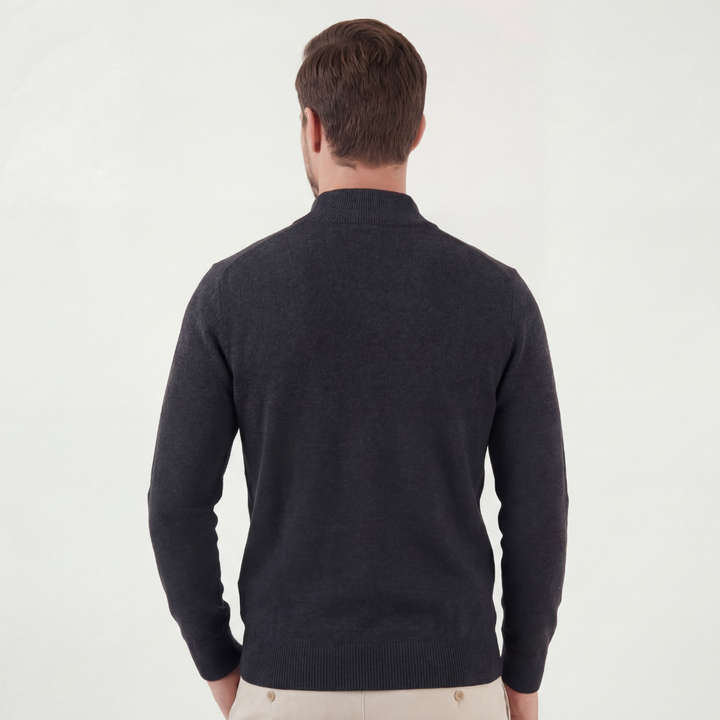 Men's grey half-zip sweater with mock neck and long sleeves