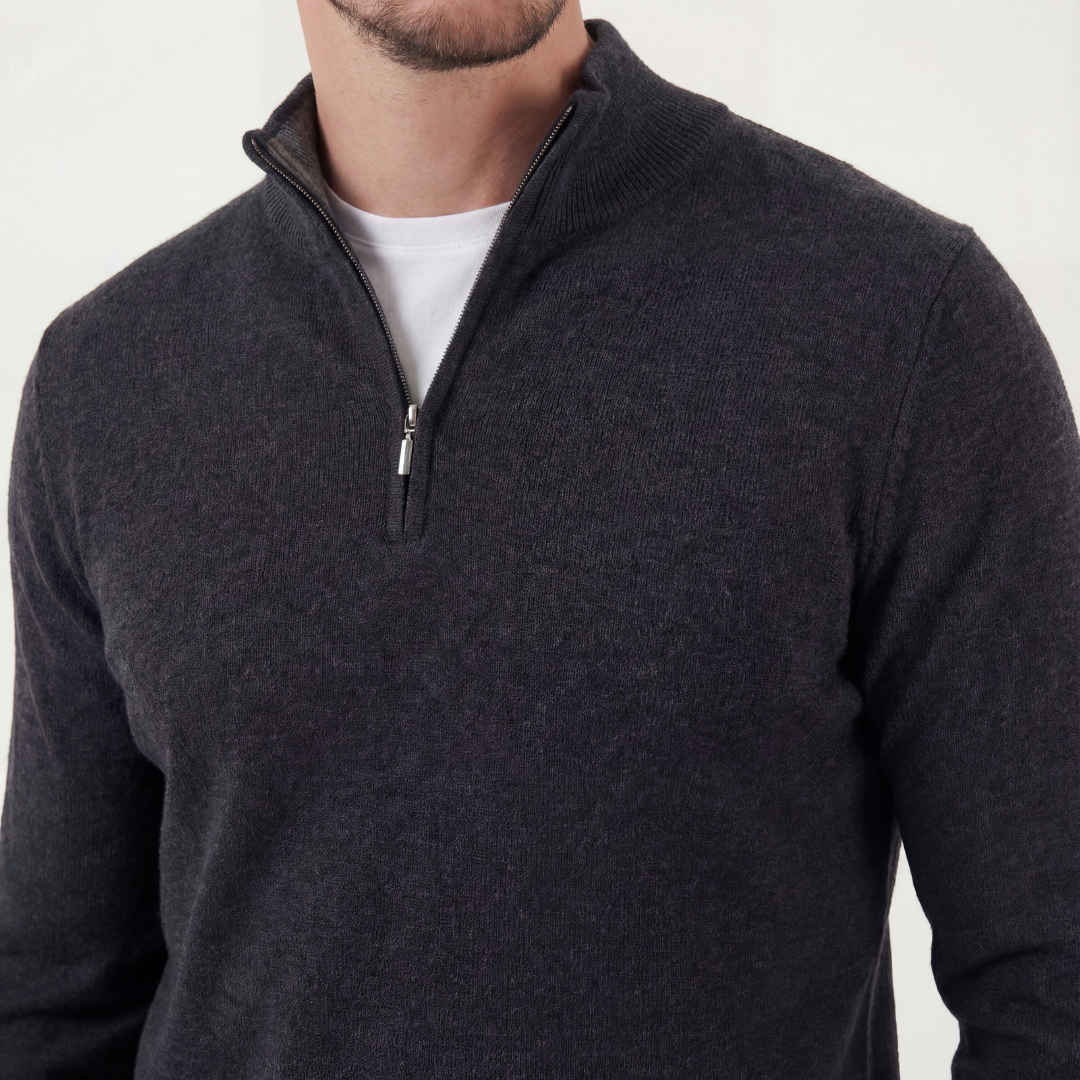 Men's grey half-zip sweater with mock neck and long sleeves