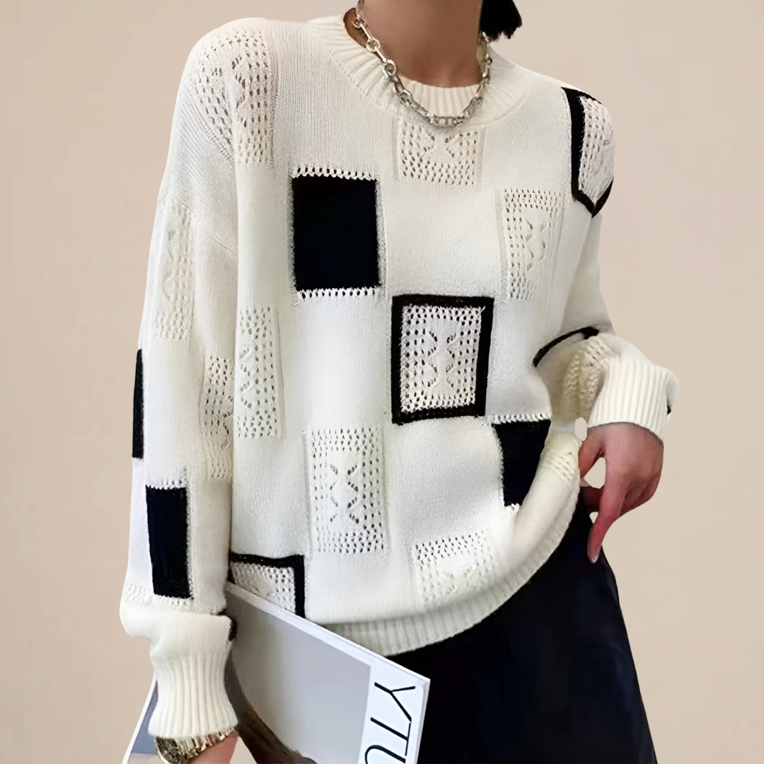 Women's geometric patchwork crew neck sweater with long sleeves
