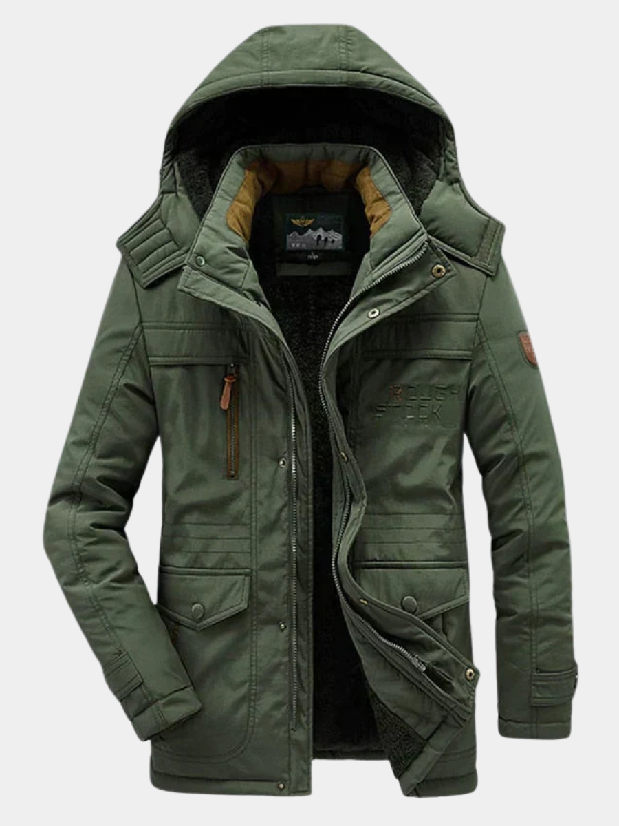 Men's hooded winter jacket with fleece-textured lining, zip front and utility pockets