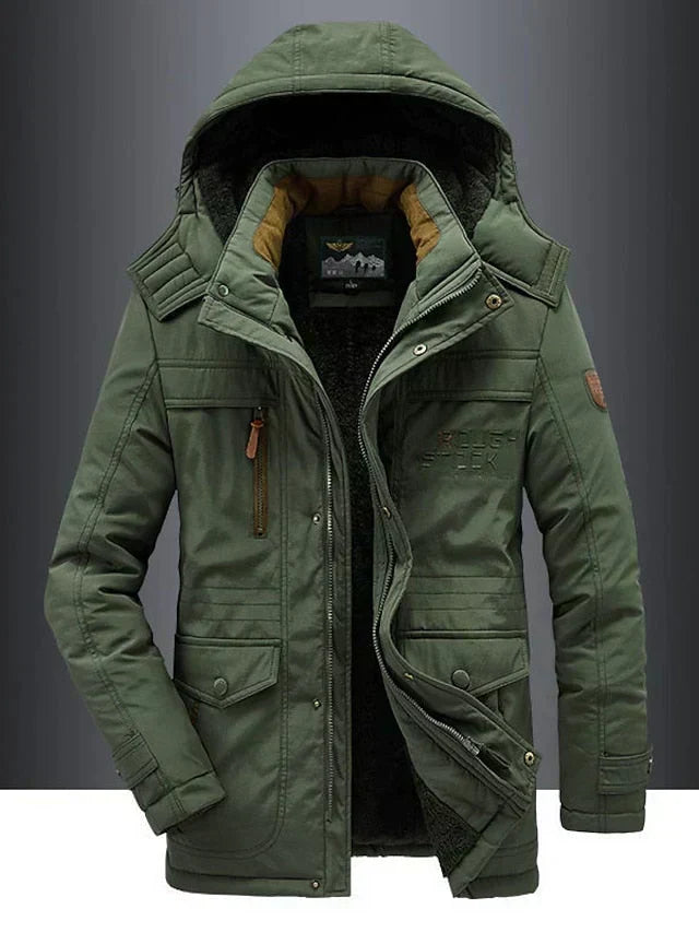Men's hooded winter jacket with fleece-textured lining, zip front and utility pockets