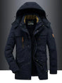 Men's hooded winter jacket with fleece-textured lining, zip front and utility pockets