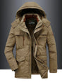 Men's hooded winter jacket with fleece-textured lining, zip front and utility pockets