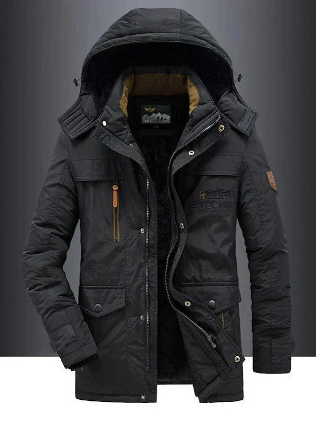 Men's hooded winter jacket with fleece-textured lining, zip front and utility pockets