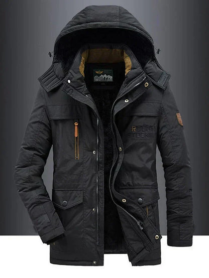 Men's hooded winter jacket with fleece-textured lining, zip front and utility pockets